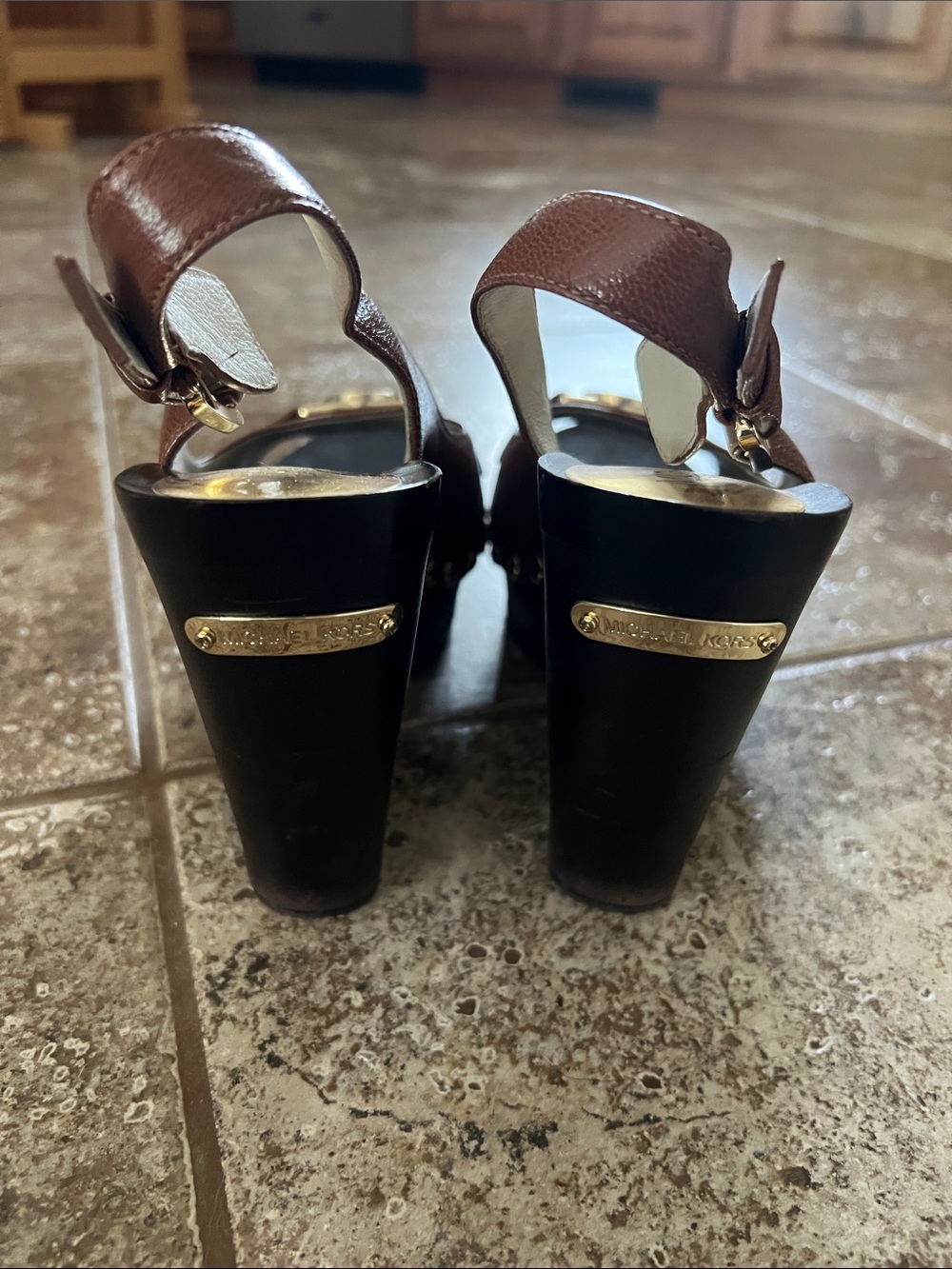 Michael Kors Brown and Cream Leather Platform Wedge Sandals with Gold MK Accent - Picture 4 of 6